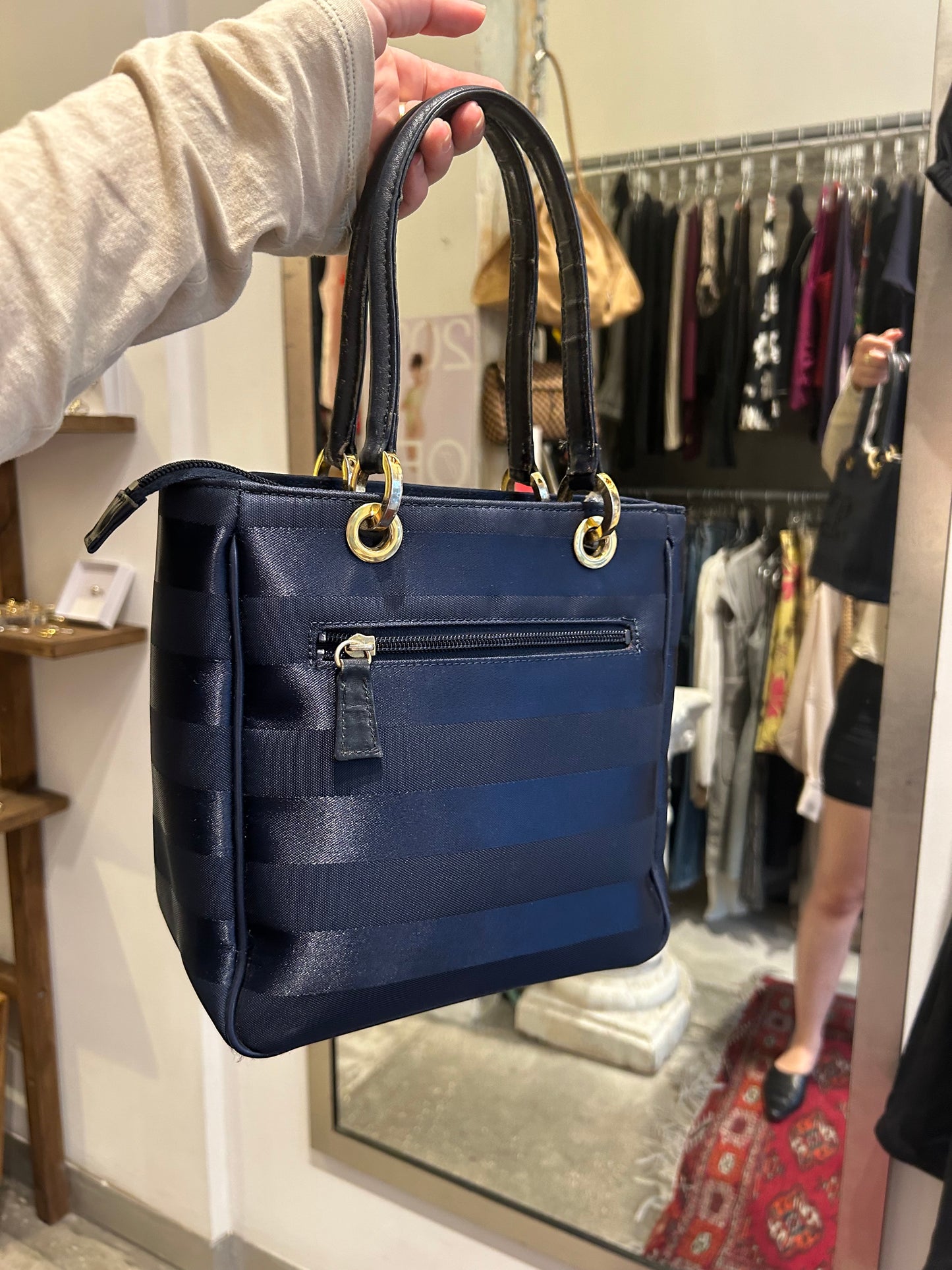 COURREGES navy blue striped nylon shoulder bag