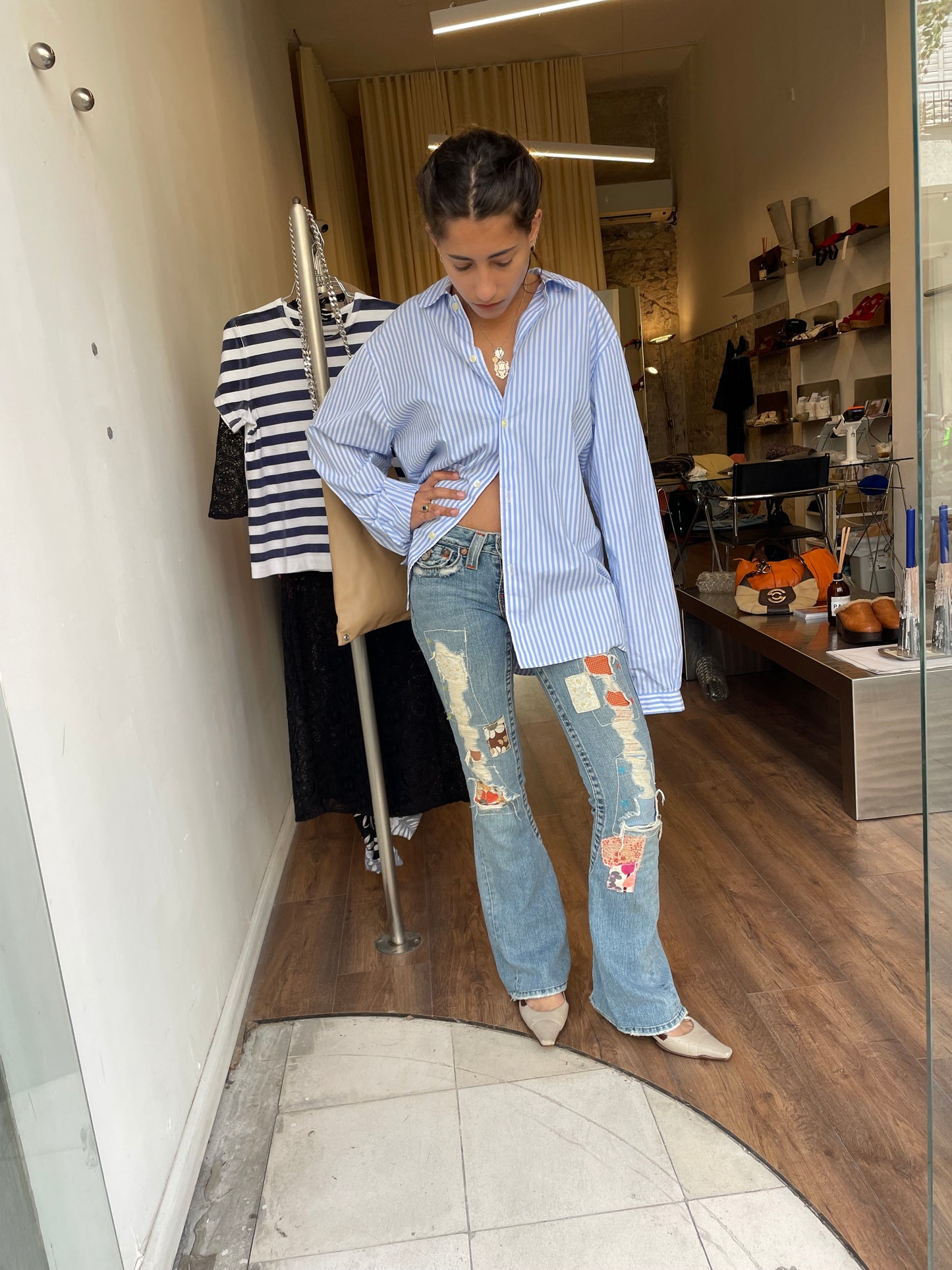 True Religion Patchwork Distressed Flare Jeans