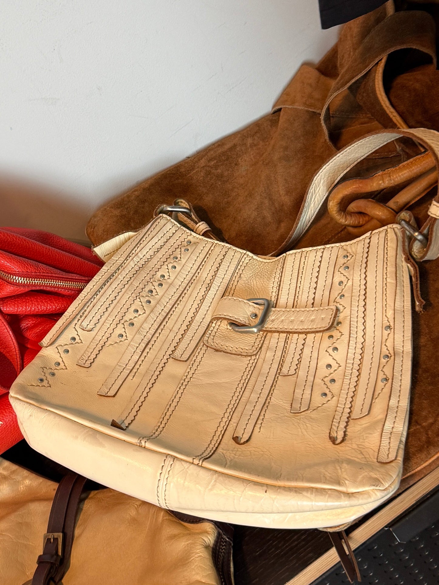 Sisley Ivory Leather Studded Shoulder Bag 2000s