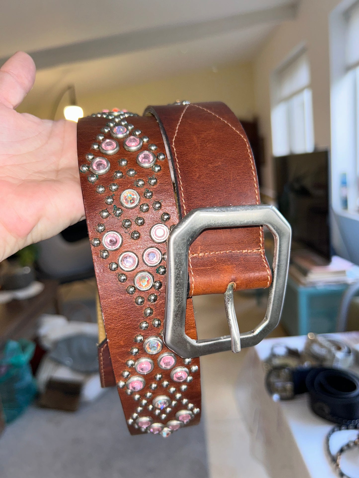 Brown leather pink stones belt