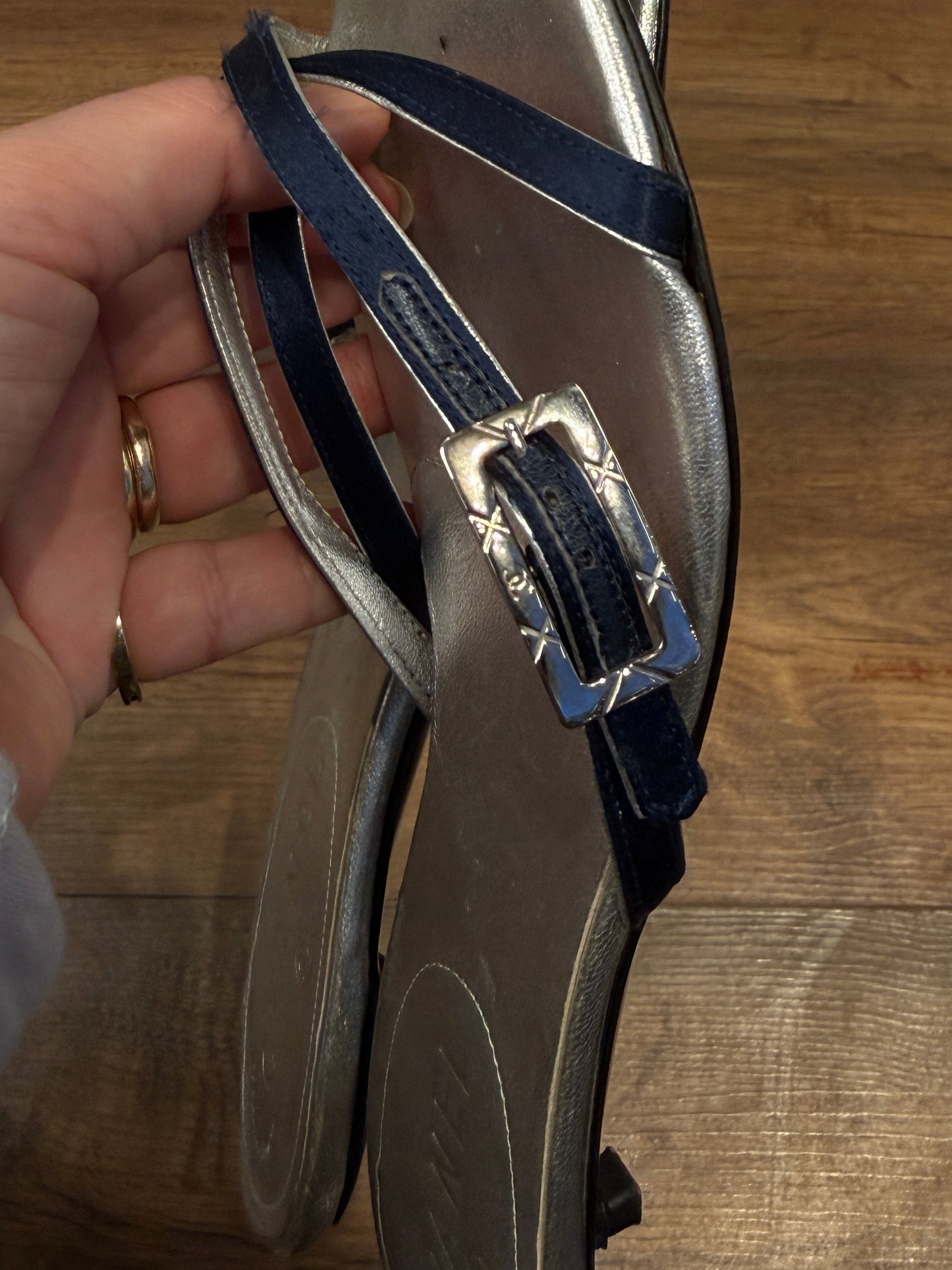 Chanel Silver & Navy Kitten Heel Mules 2000s 36.5 EU