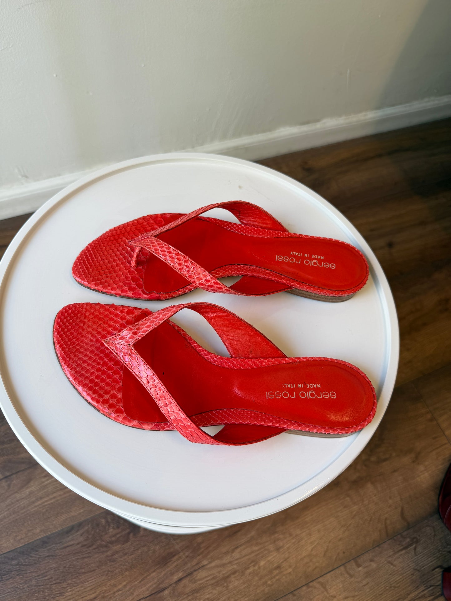 Sergio Rossi Python Leather Thong Sandals – Neon Coral
