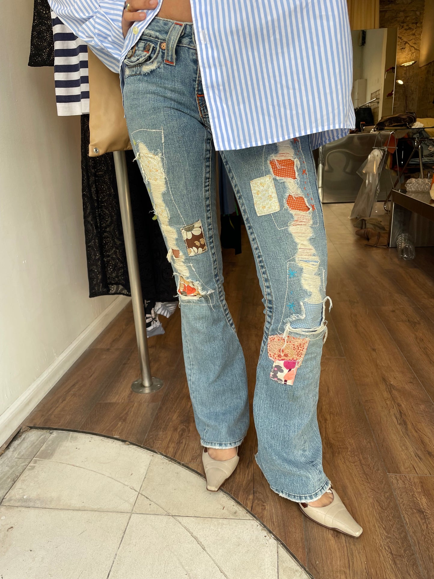 True Religion Patchwork Distressed Flare Jeans