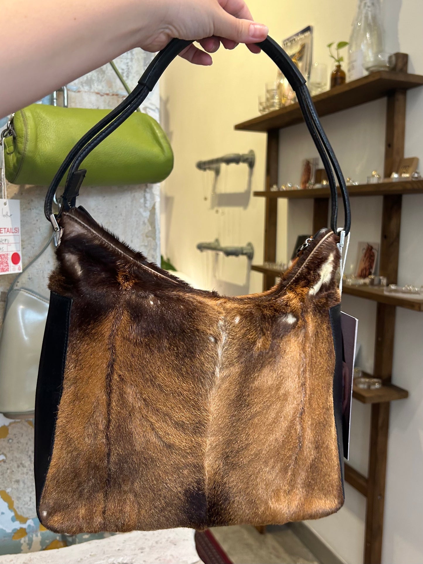 90’s GUCCI black & brown fur cowhide leather shoulder bag