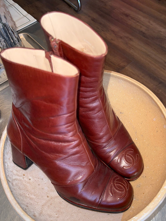 Chanel Burgundy CC Leather Ankle Boots c. 2004–2007
