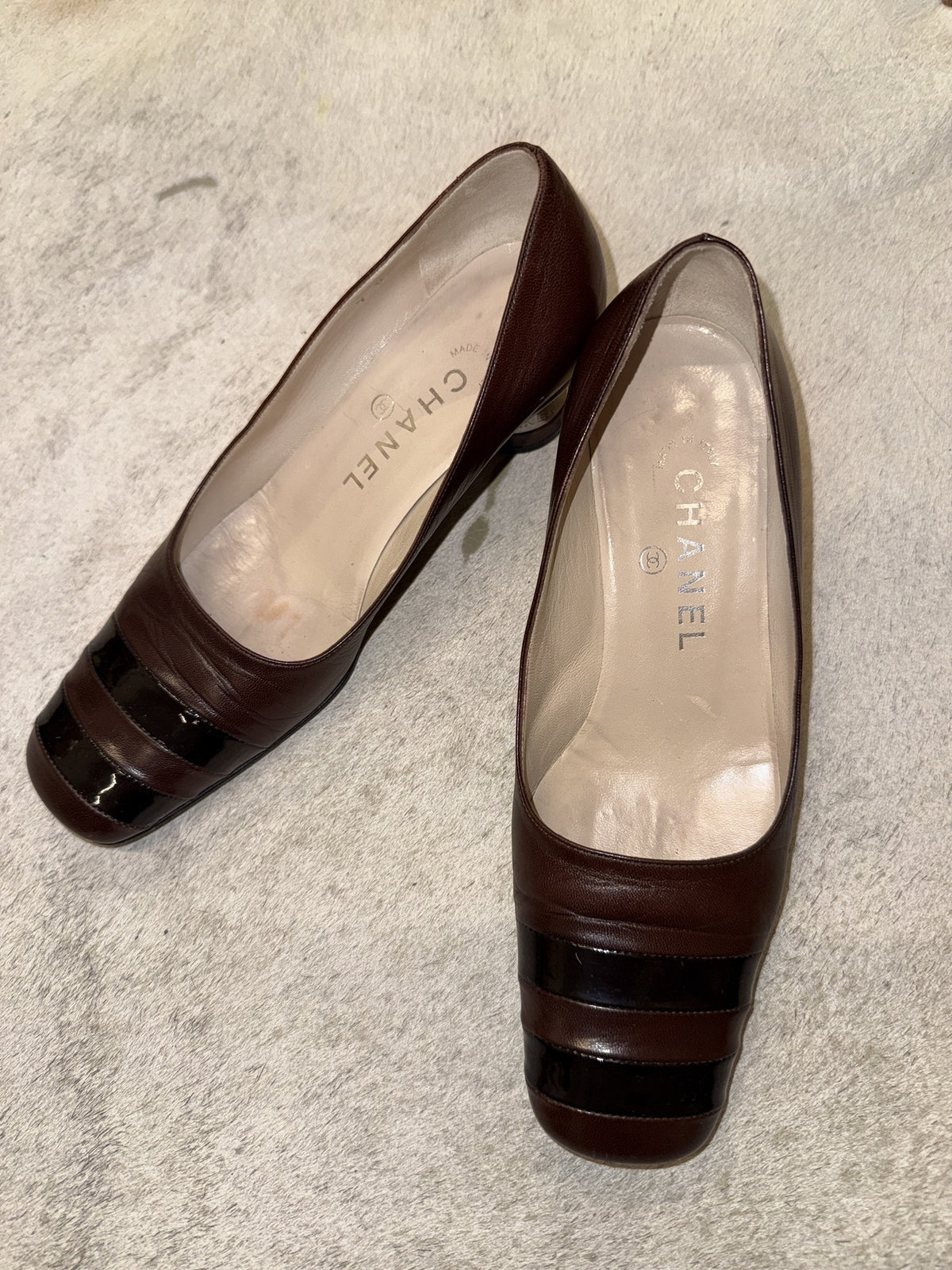 Chanel Leather Patent Stripe Toe Pumps 37 EU