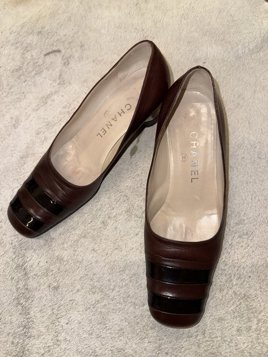 Chanel Leather Patent Stripe Toe Pumps 37 EU