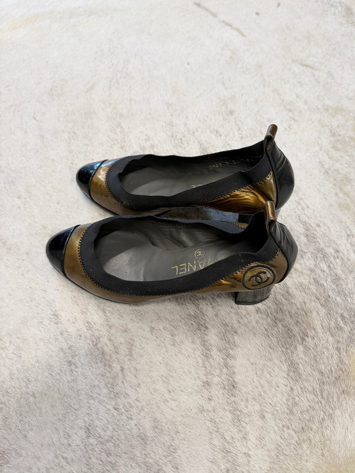 Chanel Patent Leather Cap Toe Block Heel Pumps 37 EU