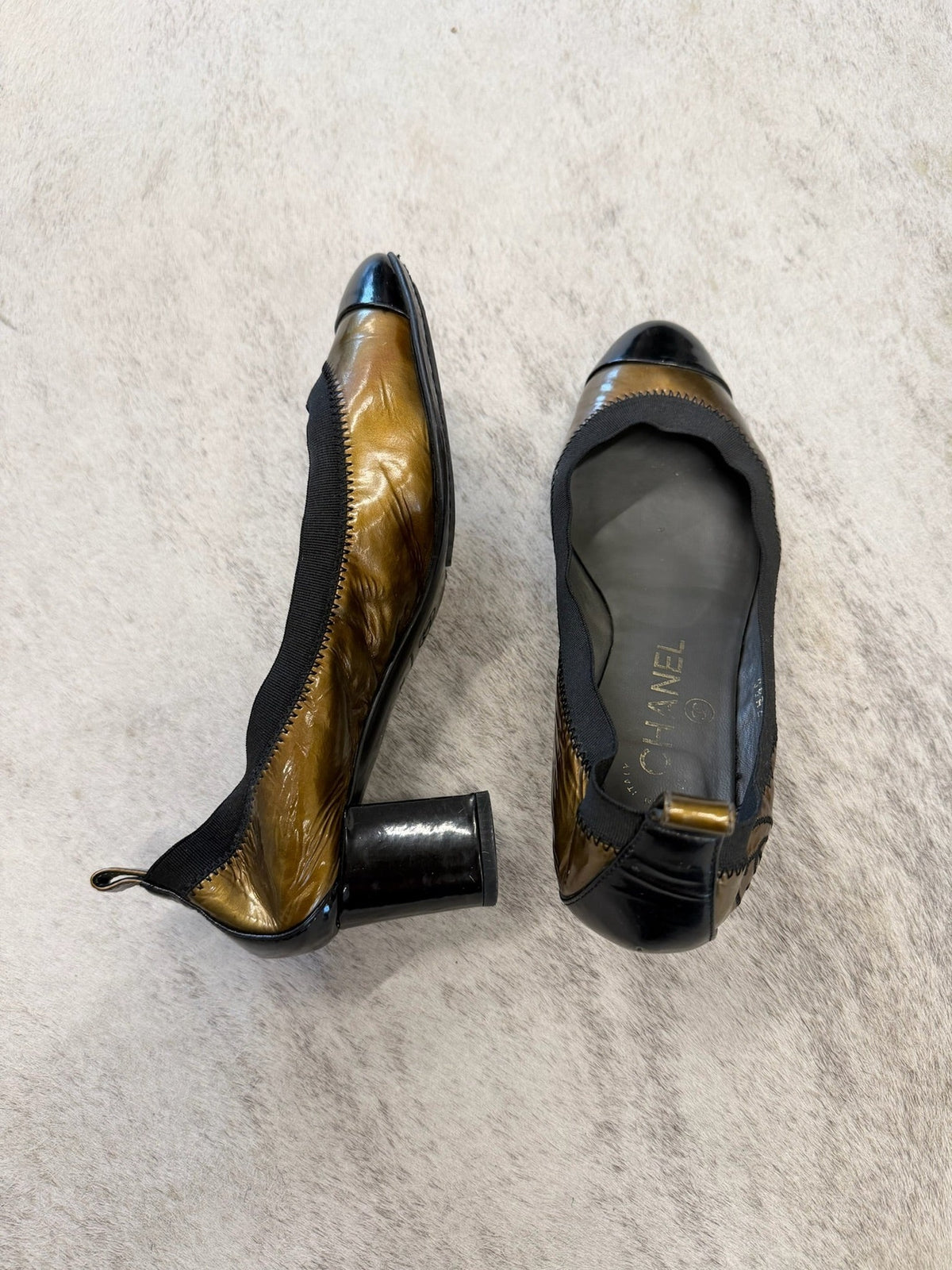 Chanel Patent Leather Cap Toe Block Heel Pumps 37 EU