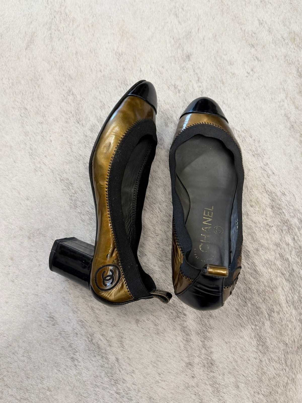 Chanel Patent Leather Cap Toe Block Heel Pumps 37 EU