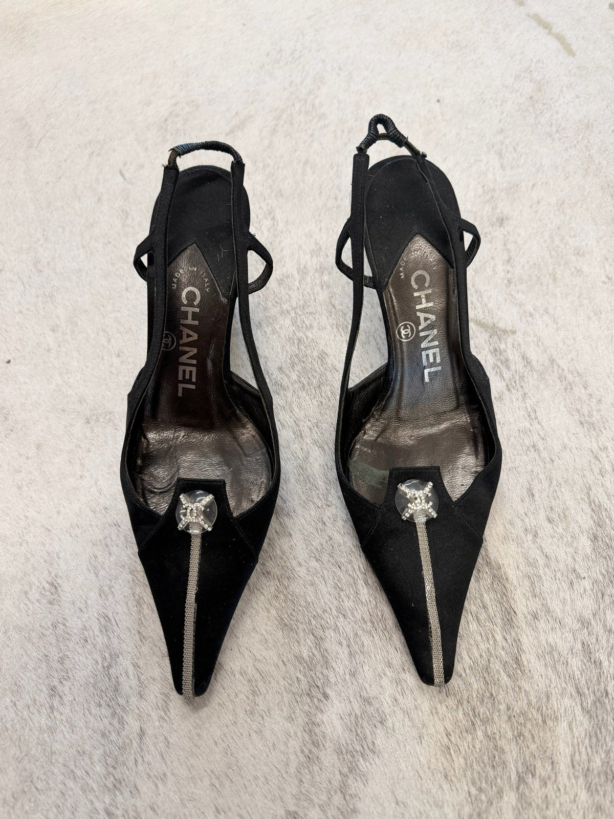 Chanel Satin CC Rhinestone Slingback Pumps 36 EU