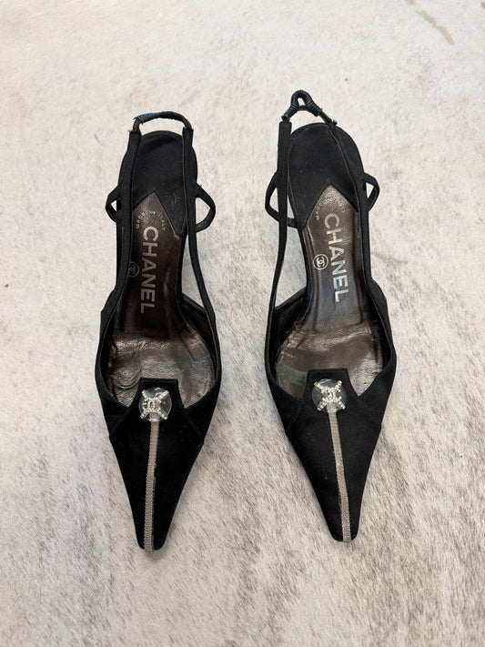 Chanel Satin CC Rhinestone Slingback Pumps 36 EU