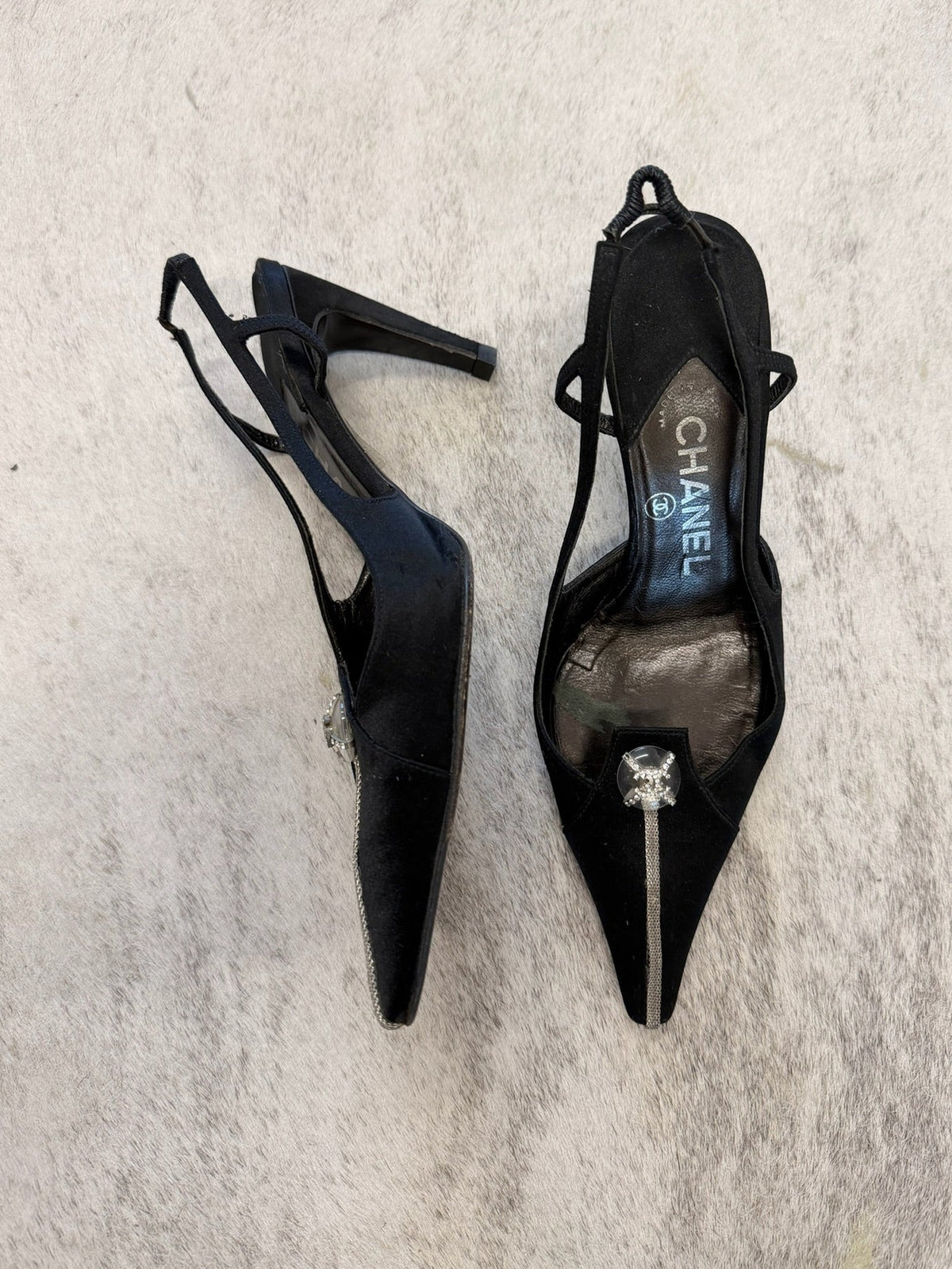 Chanel Satin CC Rhinestone Slingback Pumps 36 EU