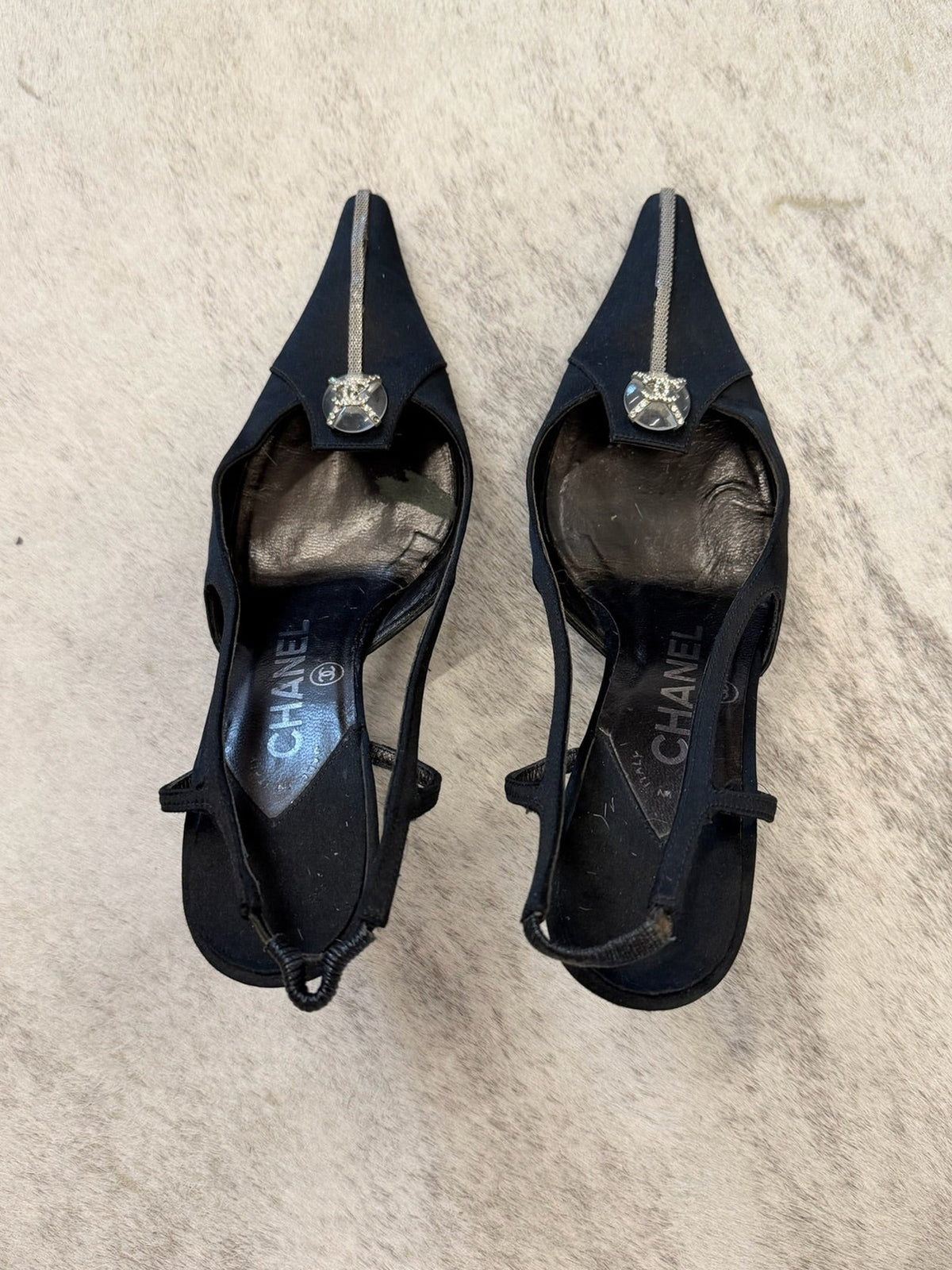 Chanel Satin CC Rhinestone Slingback Pumps 36 EU
