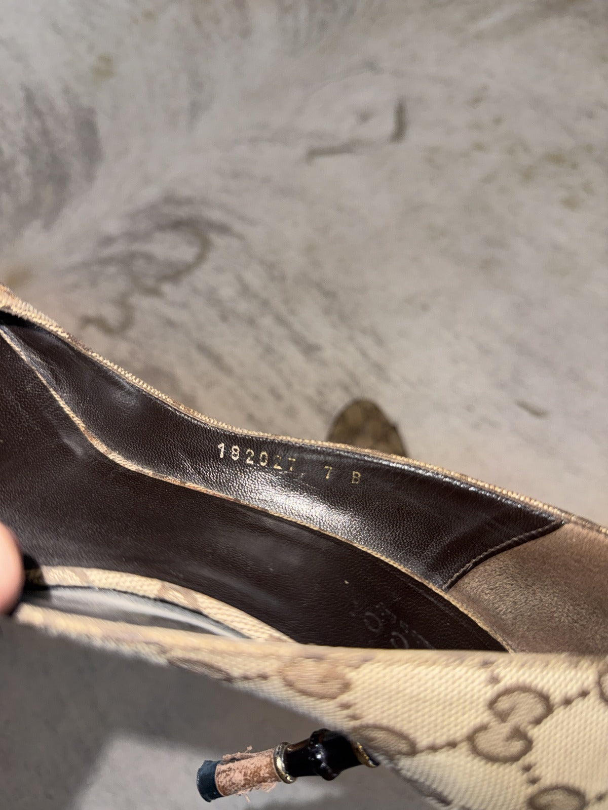 Gucci GG Canvas Peep-Toe Bamboo Heel Pumps 37.5 EU / US 7B